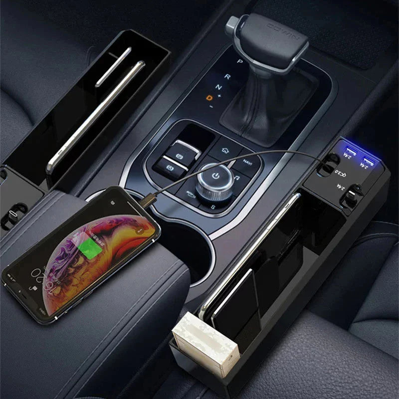 Premium car seat gap organiser with discreet charging cable, providing secure storage and power for your on-the-go essentials