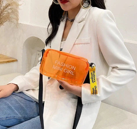 Transparent square fashion shoulder bag with adjustable strap and internal phone compartment