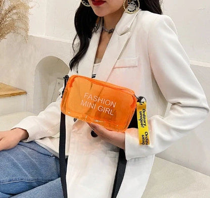 Transparent square fashion shoulder bag with adjustable strap and internal phone compartment
