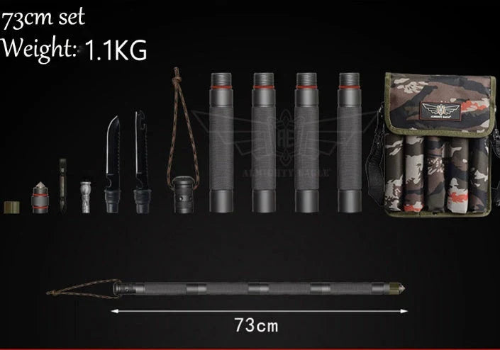 Durable tactical hiking stick with integrated survival tools, including a knife, bottle opener, and compass, for outdoor adventures and emergencies.