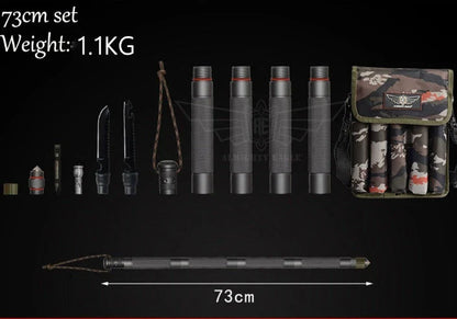 Durable tactical hiking stick with integrated survival tools, including a knife, bottle opener, and compass, for outdoor adventures and emergencies.