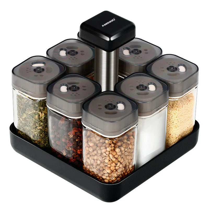 European Style Rotating Glass Seasoning Bottle Set with 8 spice jars and rotating caddy