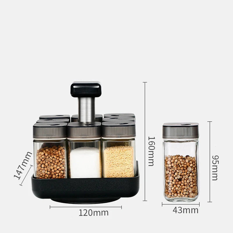 European Style Rotating Glass Seasoning Bottle Set with 8 spice jars and rotating caddy