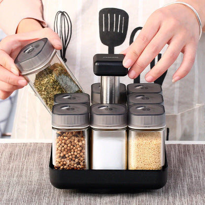 European Style Rotating Glass Seasoning Bottle Set with 8 spice jars and rotating caddy