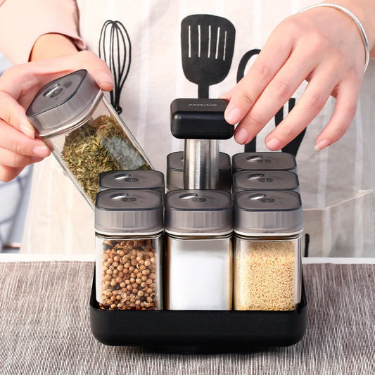 European Style Rotating Glass Seasoning Bottle Set with 8 spice jars and rotating caddy