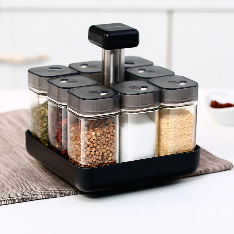 European Style Rotating Glass Seasoning Bottle Set with 8 spice jars and rotating caddy