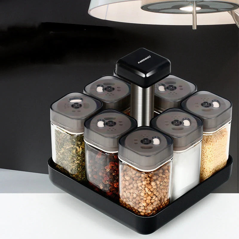 European Style Rotating Glass Seasoning Bottle Set with 8 spice jars and rotating caddy