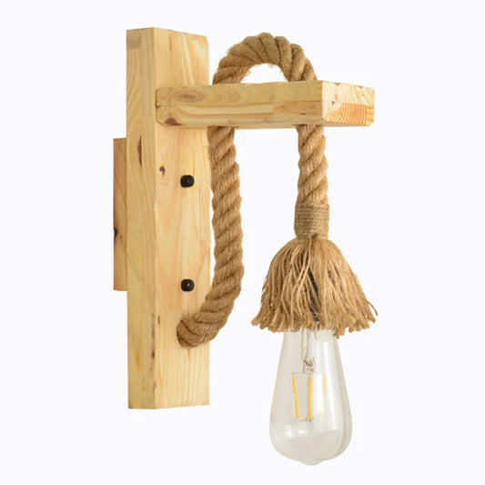 Industrial wood and iron hemp rope wall lamp with adjustable pulley system