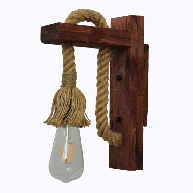 Industrial wood and iron hemp rope wall lamp with adjustable pulley system