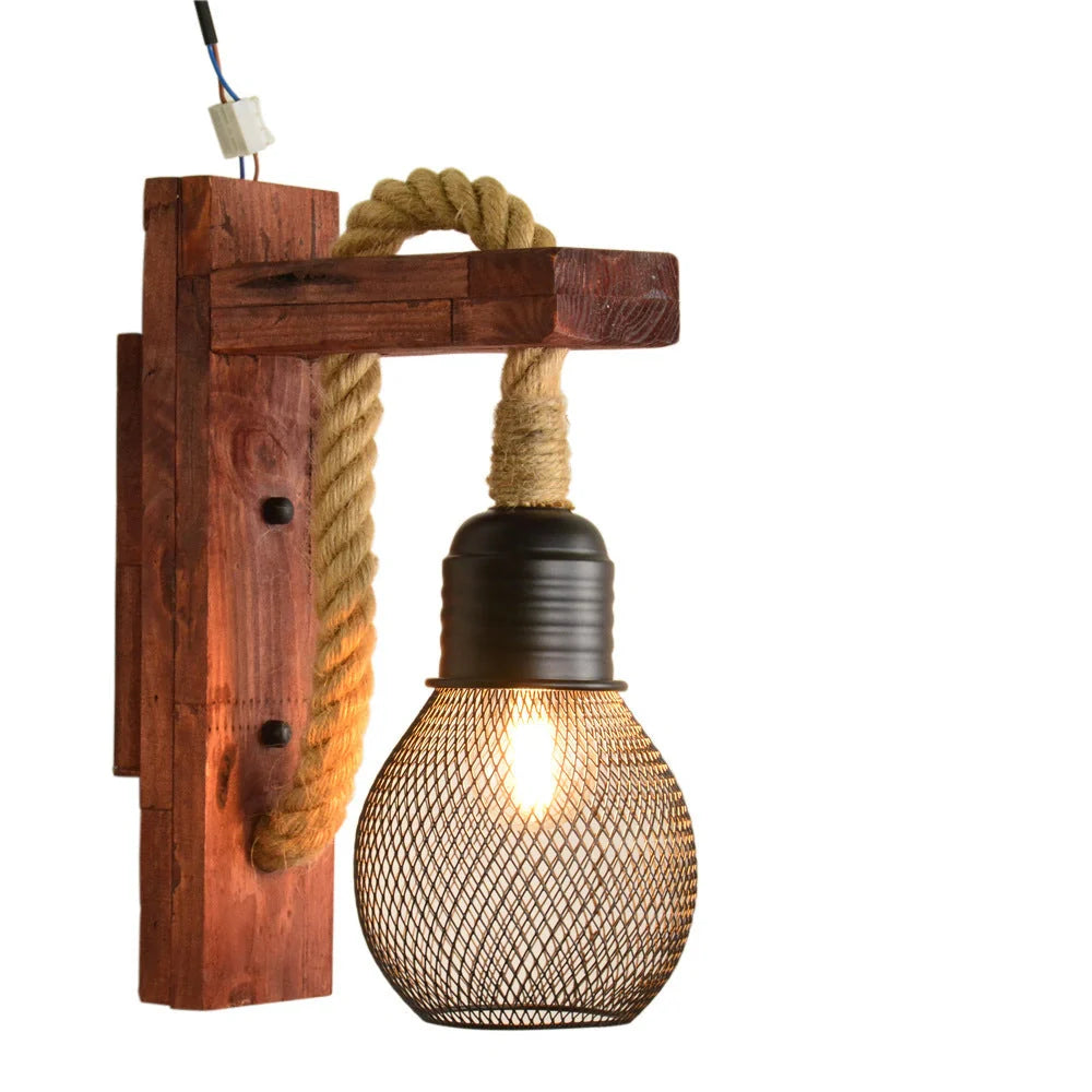 Industrial wood and iron hemp rope wall lamp with adjustable pulley system