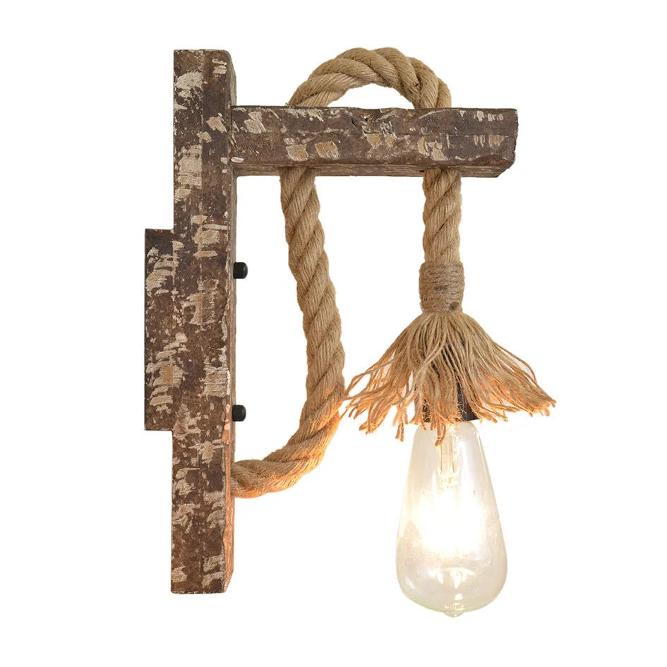 Industrial wood and iron hemp rope wall lamp with adjustable pulley system