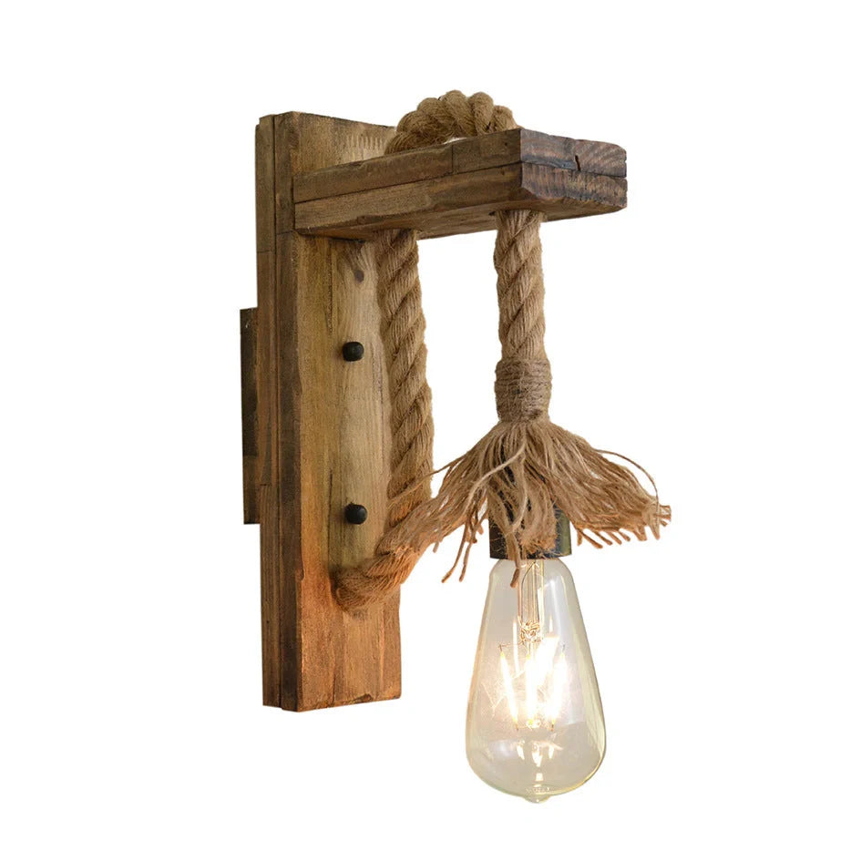 Industrial wood and iron hemp rope wall lamp with adjustable pulley system