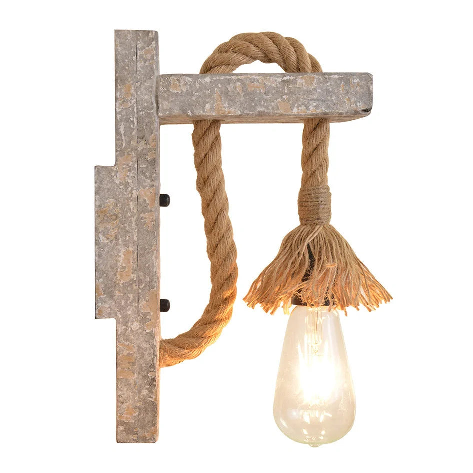Industrial wood and iron hemp rope wall lamp with adjustable pulley system