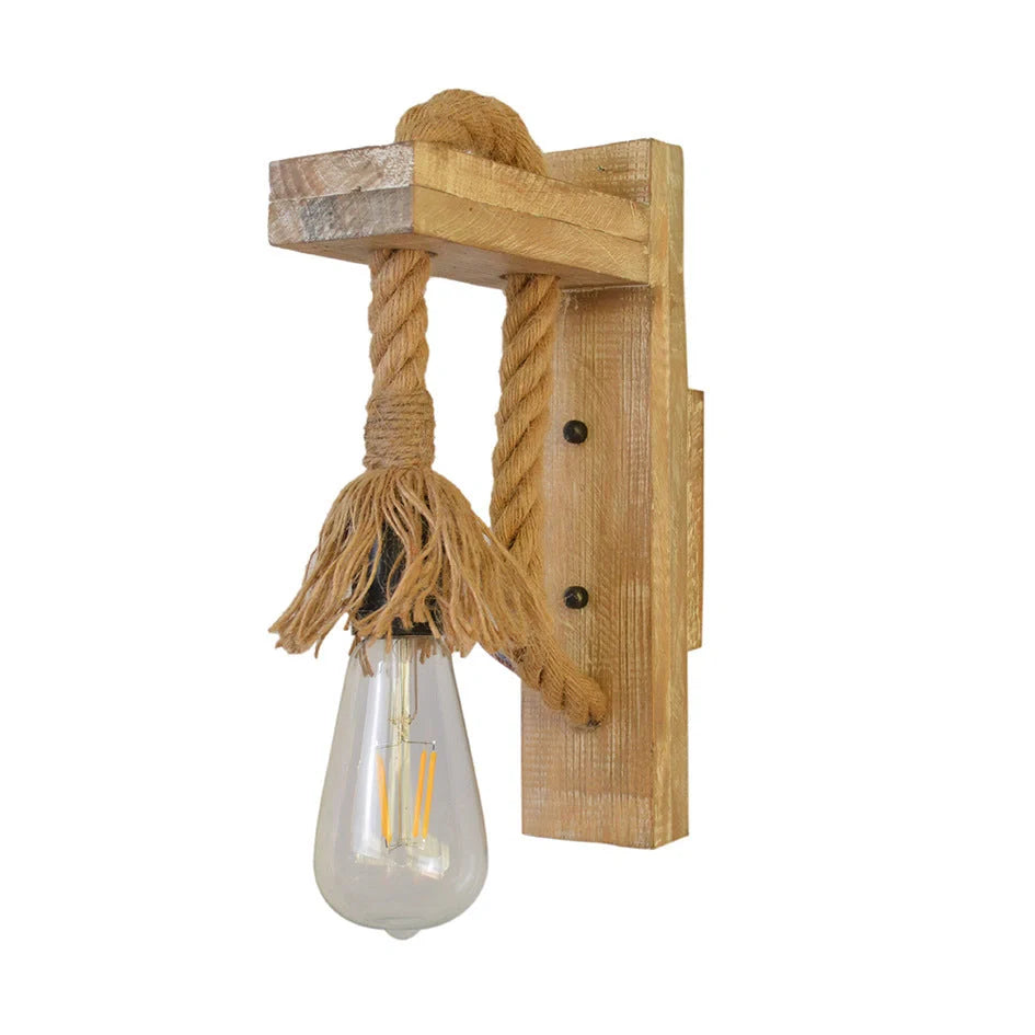 Industrial wood and iron hemp rope wall lamp with adjustable pulley system