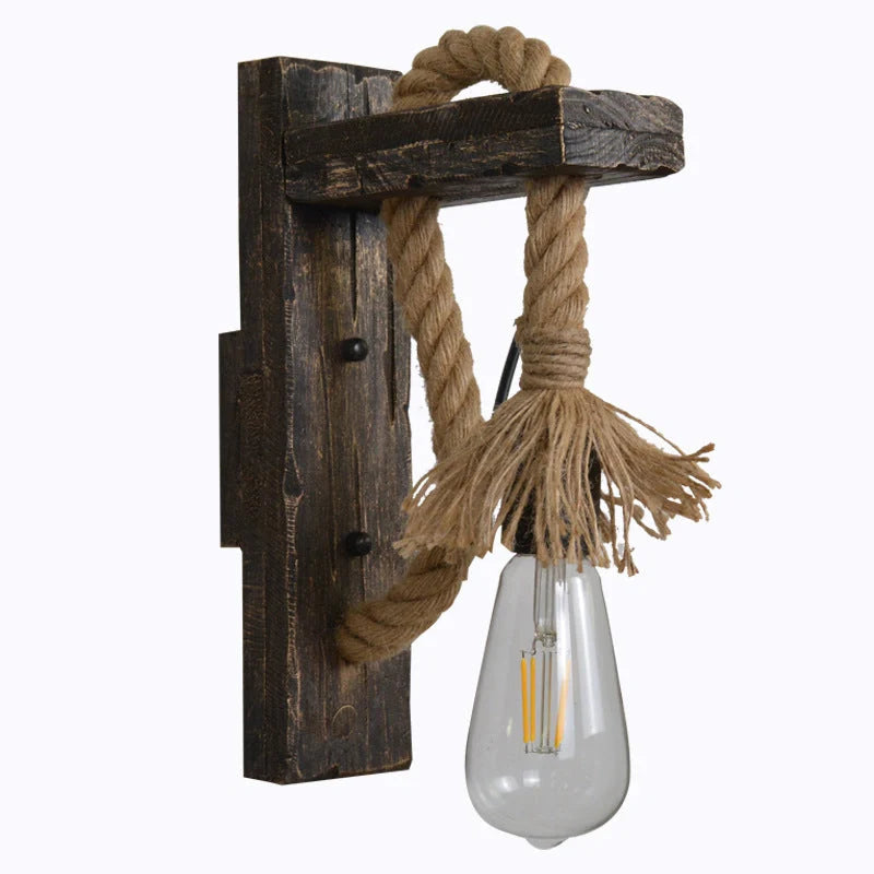 Industrial wood and iron hemp rope wall lamp with adjustable pulley system
