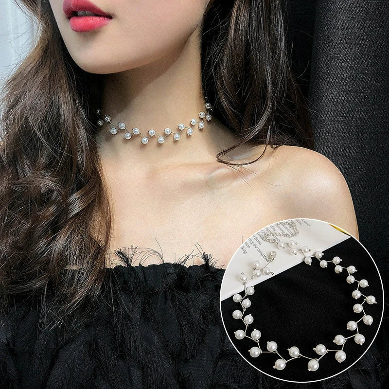Elegant collection of pearl and crystal necklaces in various styles, including gold, silver, and two-piece sets