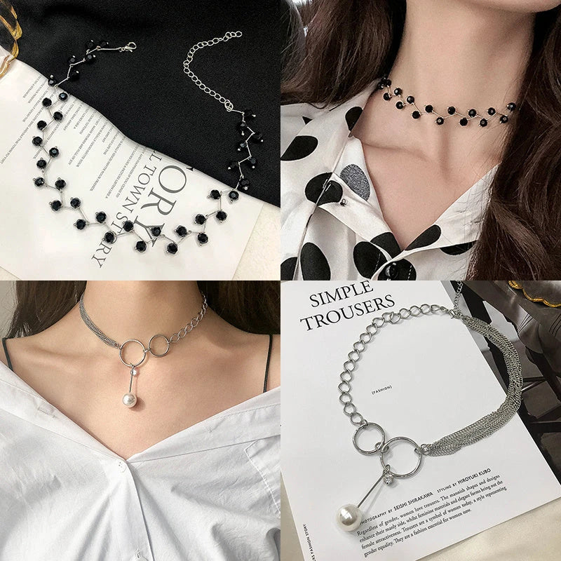 Elegant collection of pearl and crystal necklaces in various styles, including gold, silver, and two-piece sets