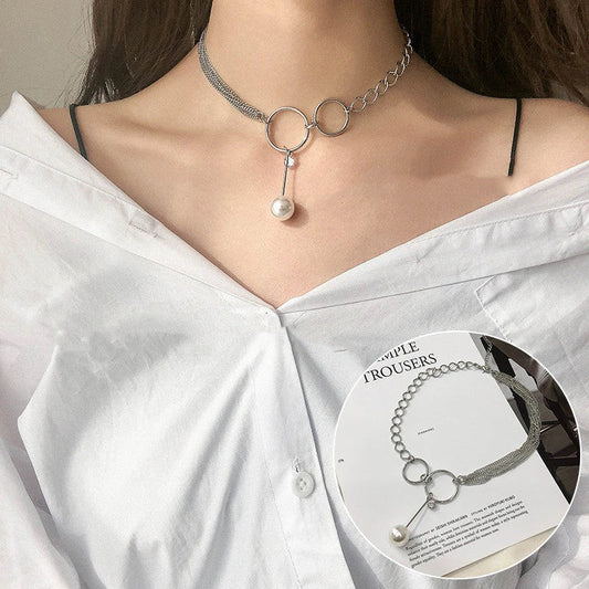 Elegant collection of pearl and crystal necklaces in various styles, including gold, silver, and two-piece sets