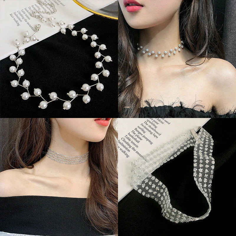 Elegant collection of pearl and crystal necklaces in various styles, including gold, silver, and two-piece sets