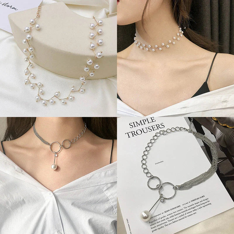 Elegant collection of pearl and crystal necklaces in various styles, including gold, silver, and two-piece sets