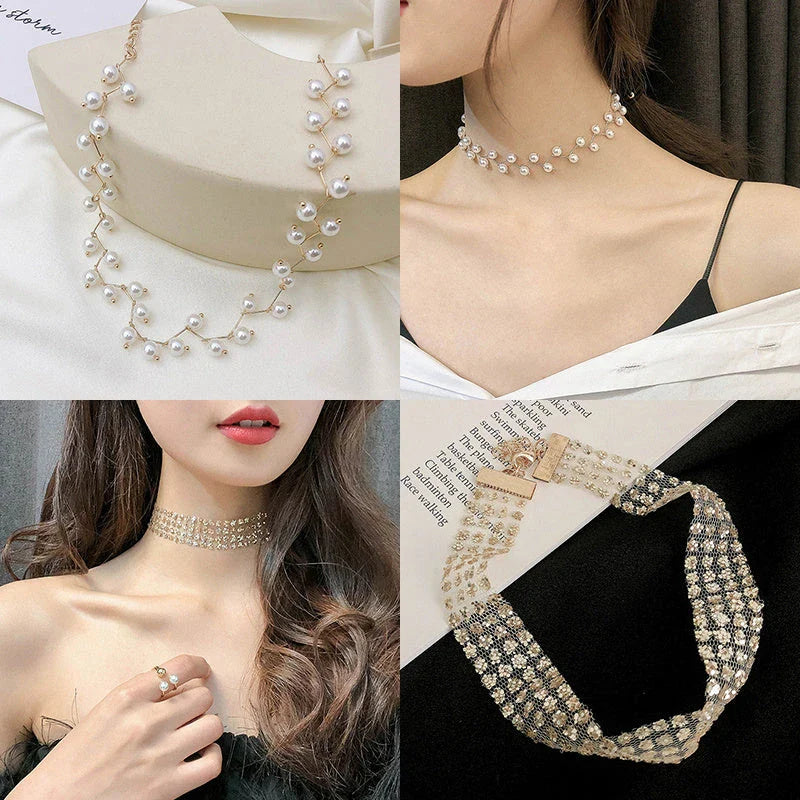Elegant collection of pearl and crystal necklaces in various styles, including gold, silver, and two-piece sets