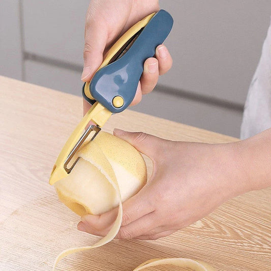 A versatile kitchen tool with a stainless steel blade that can peel, pare, grate, and scrape a variety of fruits and vegetables