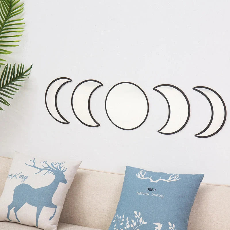 Bohemia Nordic Style Wooden Acrylic Moon Phase Mirror Wall Decoration in brown, black, and gold options