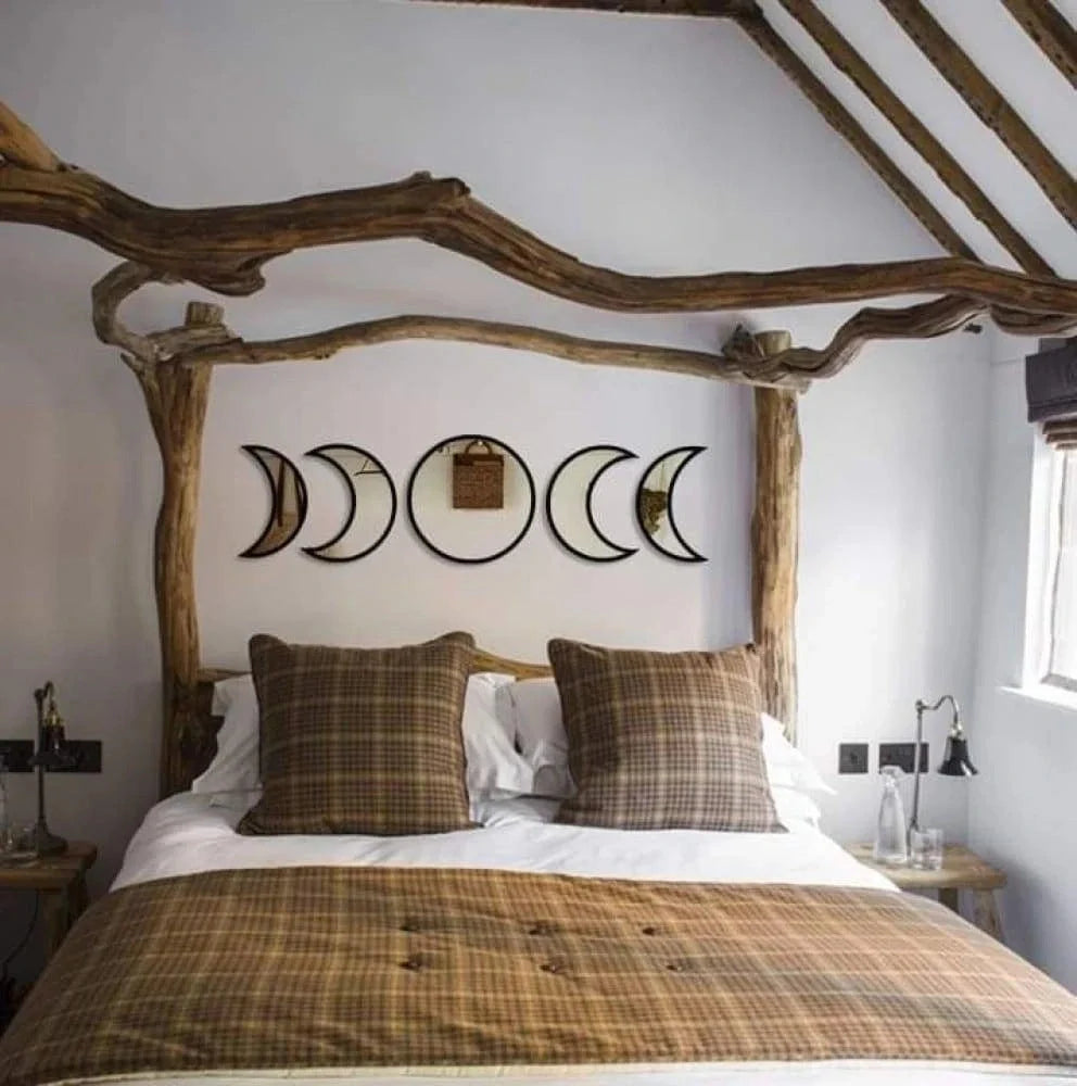 Bohemia Nordic Style Wooden Acrylic Moon Phase Mirror Wall Decoration in brown, black, and gold options