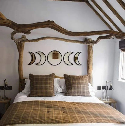 Bohemia Nordic Style Wooden Acrylic Moon Phase Mirror Wall Decoration in brown, black, and gold options