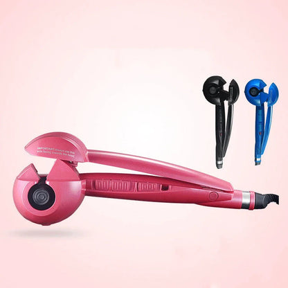 Automatic curling iron in pink, black, and blue with 360-degree turn feature