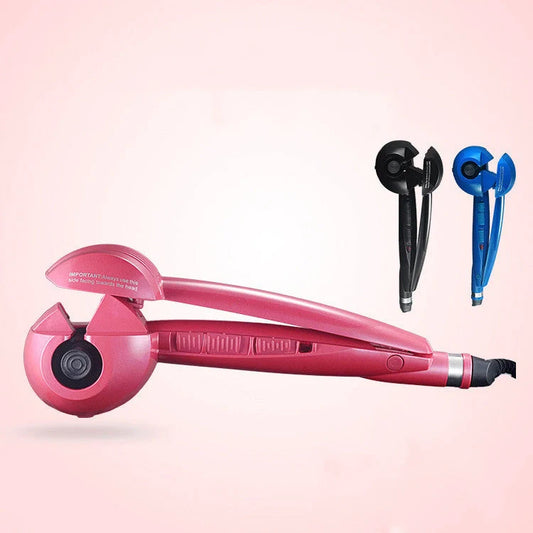 Automatic curling iron in pink, black, and blue with 360-degree turn feature