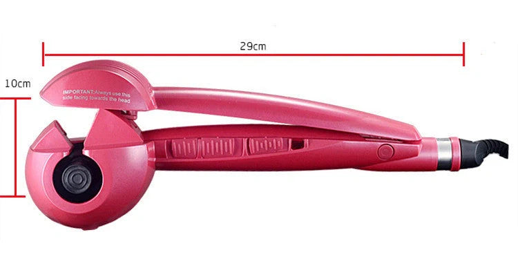 Automatic curling iron in pink, black, and blue with 360-degree turn feature