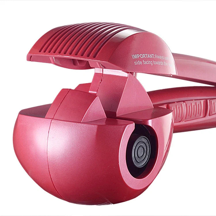 Automatic curling iron in pink, black, and blue with 360-degree turn feature