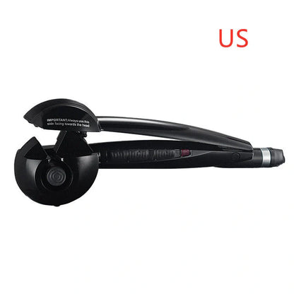 Automatic curling iron in pink, black, and blue with 360-degree turn feature