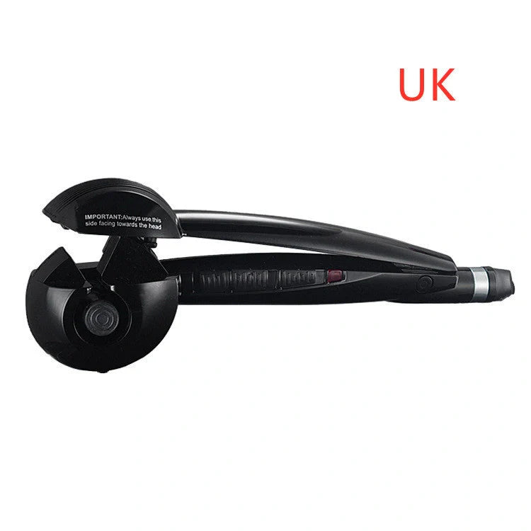 Automatic curling iron in pink, black, and blue with 360-degree turn feature