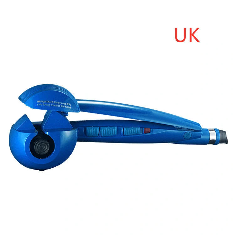 Automatic curling iron in pink, black, and blue with 360-degree turn feature