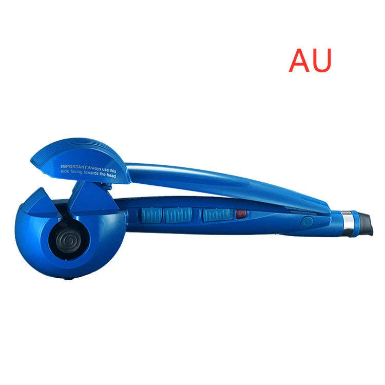 Automatic curling iron in pink, black, and blue with 360-degree turn feature