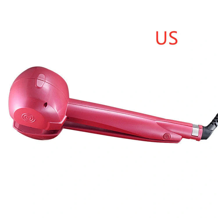 Automatic curling iron in pink, black, and blue with 360-degree turn feature