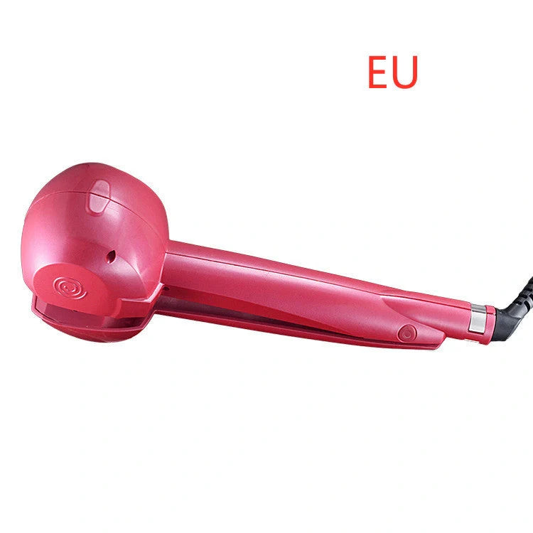 Automatic curling iron in pink, black, and blue with 360-degree turn feature