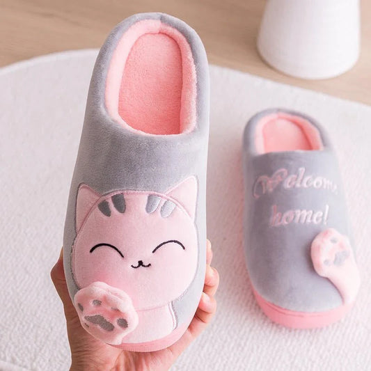 Cartoon cat winter slippers with ultra-soft plush lining in grey, pink, navy blue, dark black, and brown