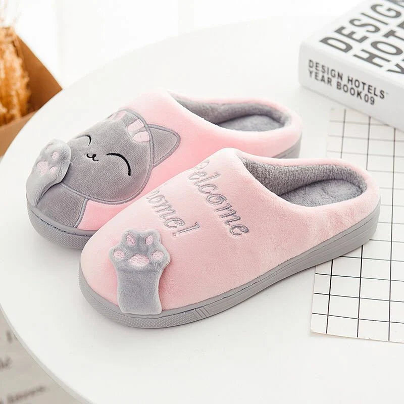 Cartoon cat winter slippers with ultra-soft plush lining in grey, pink, navy blue, dark black, and brown