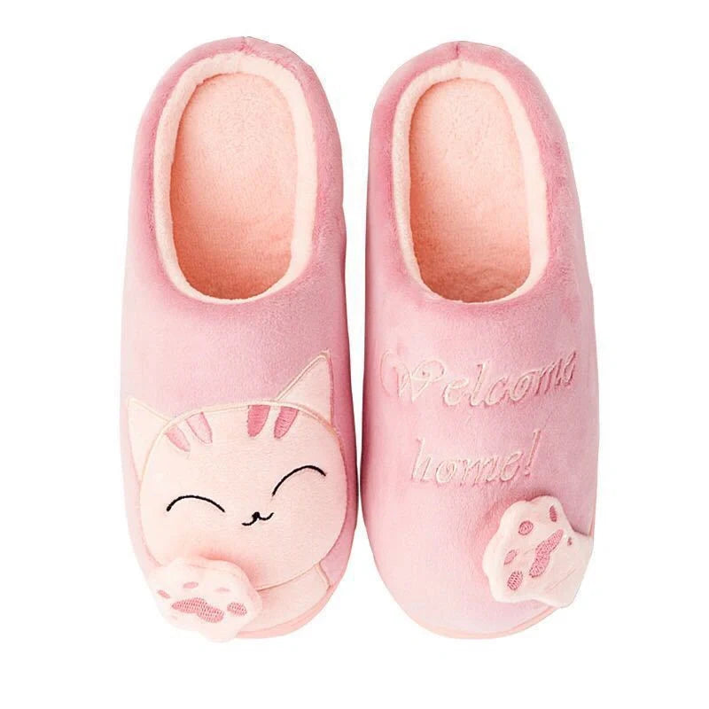 Cartoon cat winter slippers with ultra-soft plush lining in grey, pink, navy blue, dark black, and brown