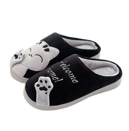 Cartoon cat winter slippers with ultra-soft plush lining in grey, pink, navy blue, dark black, and brown