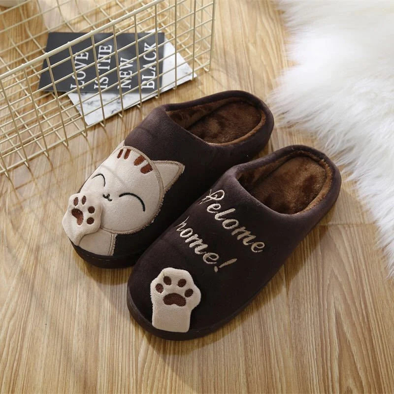 Cartoon cat winter slippers with ultra-soft plush lining in grey, pink, navy blue, dark black, and brown