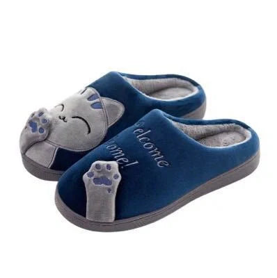 Cartoon cat winter slippers with ultra-soft plush lining in grey, pink, navy blue, dark black, and brown