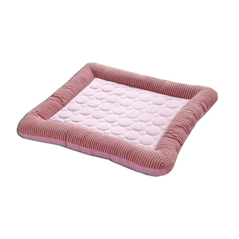 A cooling pet bed made of breathable fabric that provides a refreshing chill for dogs and cats to stay comfortable during hot weather.