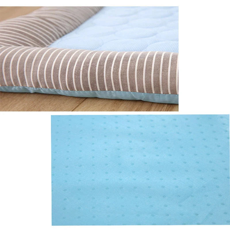 A cooling pet bed made of breathable fabric that provides a refreshing chill for dogs and cats to stay comfortable during hot weather.