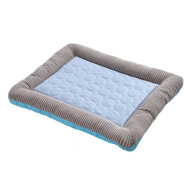 A cooling pet bed made of breathable fabric that provides a refreshing chill for dogs and cats to stay comfortable during hot weather.