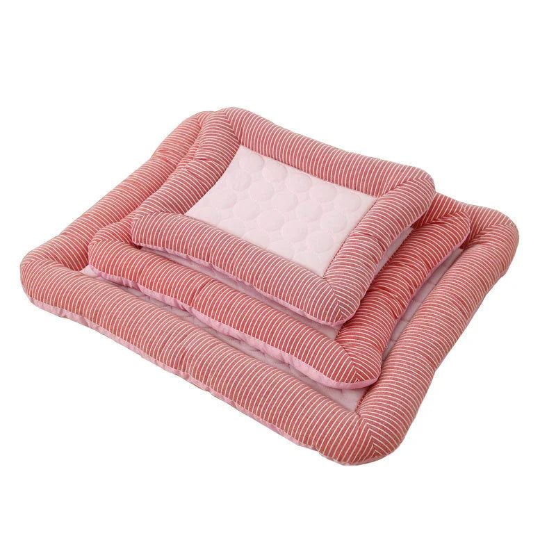 A cooling pet bed made of breathable fabric that provides a refreshing chill for dogs and cats to stay comfortable during hot weather.