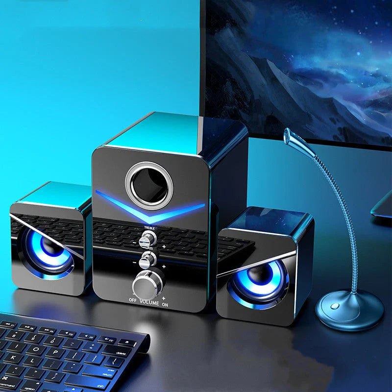 Wireless Bluetooth desktop speaker with vibrant LED lighting, providing rich, room-filling sound and customizable controls for the perfect audio experience.
